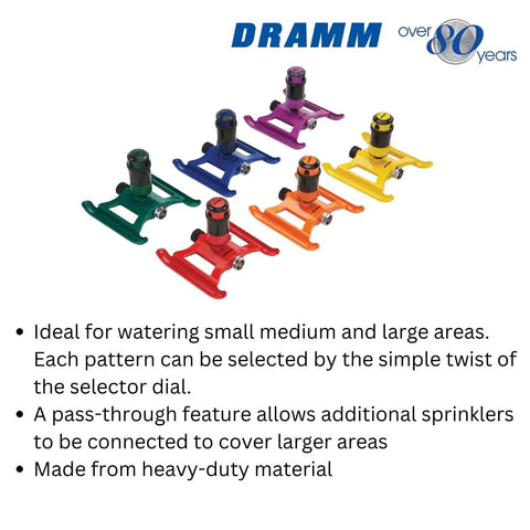 ColorStorm Gear Drive Sprinklers in multiple colors, heavy duty die cast metal base, ideal for small to large yards, 360 degree coverage.