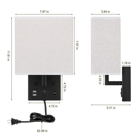 Dimensions of Dope Modern Plug In Wall Sconces Set Of 2 With USB Charging Ports And Built In AC Outlet Silver Finish With Linen Shade