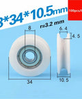 Heavy Duty 100 Pcs U Groove Plastic Coated Bearings 608ZZ with white POM rollers, dimensions 8*34*10.5mm for DIY projects.