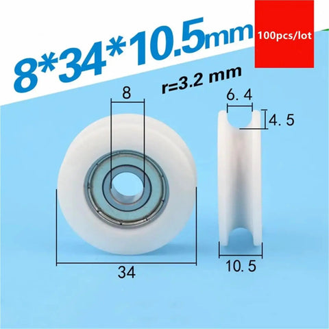 Heavy Duty 100 Pcs U Groove Plastic Coated Bearings 608ZZ with white POM rollers, dimensions 8*34*10.5mm for DIY projects.