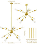 Gold Sputnik Pendant Light 10-Light Chandelier with Adjustable Height Rods, starburst design, shown with dimensions and rods.