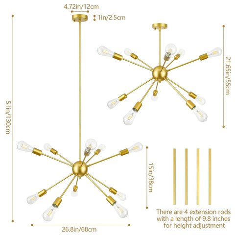 Gold Sputnik Pendant Light 10-Light Chandelier with Adjustable Height Rods, starburst design, shown with dimensions and rods.