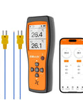 Two Channel Bluetooth Thermocouple Thermometer And Digital Temperature Data Logger For HVAC Lab On The Go With Real Time App Monitoring 5000 Point Capacity Optional OTA Firmware Upgrade Adjustable Compensation CSV And PDF Reports with yellow thermocouple wires and smartphone app display.