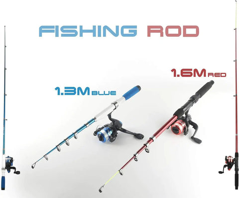 Beginner Friendly Fishing Rod And Reel Combo Kit With Two Telescopic Poles 1.3M And 1.6M, Blue and Red spinning rods displayed.