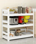 Rock Solid Three Tier Steel Shelving Unit With Fully Adjustable Boltless Racks For Garage Pantry Kitchen Organization White Heavy Duty Storage Rack Simple Setup, showcasing kitchen appliances and pantry items.