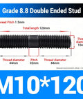 M10×120mm double-ended threaded stud in black oxide finish, grade 8.8 carbon steel