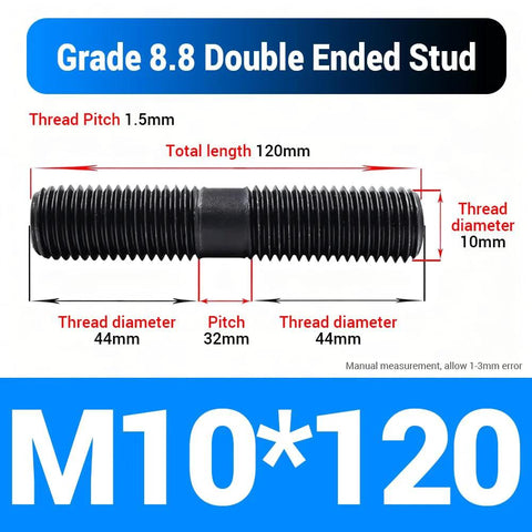 M10×120mm double-ended threaded stud in black oxide finish, grade 8.8 carbon steel
