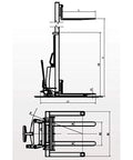 Diagram of Semi Electric Pallet Stacker Straddle Forklift With Adjustable Forks and Support Legs, side and top views, showing dimensions.