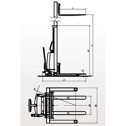 Diagram of Semi Electric Pallet Stacker Straddle Forklift With Adjustable Forks and Support Legs, side and top views, showing dimensions.