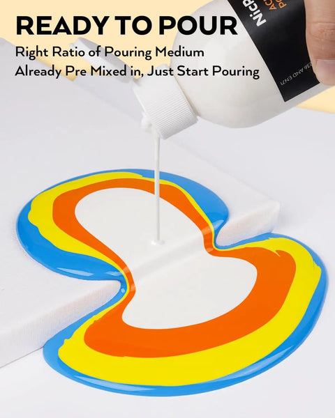 14 Colors Acrylic Pour Paint Kit With Premixed High Flow Paints 8.45oz Bulk Set pouring paint onto canvas