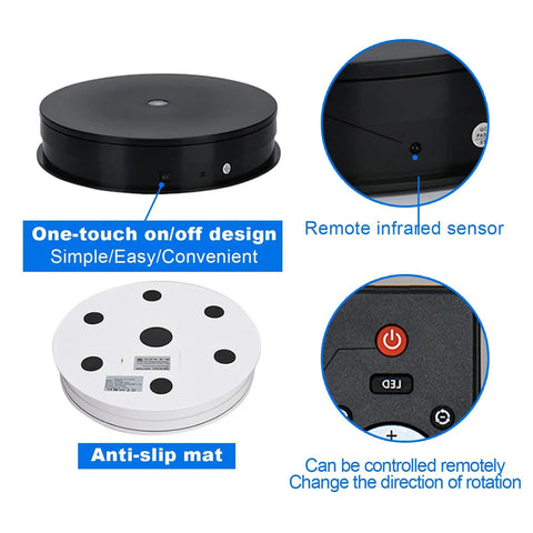 Stunning Motorized Rotating Display Stand With Vibrant LED Lights, 360 Spin Base For Jewelry And Watches, showing remote control and anti-slip design.
