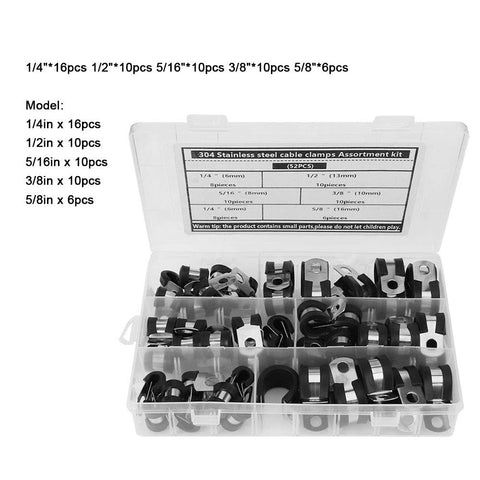 Rugged Stainless Steel Cable Clamp Kit With Rubber Sleeves 52 Piece Black Wire Management Set in storage box