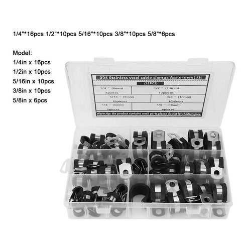 Super Heavy Duty Stainless Steel Rubber Sleeve Cable Clamp Assortment Kit For Automotive Marine And Home Wiring Management To Keep Cables Snug Secure And Safe From Abrasion Damage Like A Boss. 52-piece case, 1/4 to 5/8 in