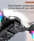 Close-up of kid-friendly drone with dual camera and colorful rotor lights, easy to fly for beginners, no phone needed for control.