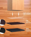 Exploded view of Grippy Non Slip Furniture Pads 12 Pack 4 Inch Self Adhesive Rubber Feet showing layers and hardwood floor protection.