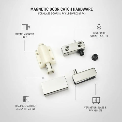 Magnetic Cabinet Catch For Glass Doors And RVs, Stainless Steel Slim Profile Latch Hardware, 1 Pack shown with components labeled