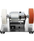 Rock Solid Built Different Mini Belt Sander With A Sweet 96w Brushless Motor and Seven Adjustable Speeds on a workbench.