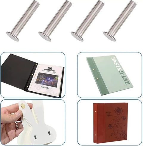 Killer 10 Pack M3 X 6mm Chicago Screws In 304 Stainless Steel Binding Posts Made Tough For Leathercraft, shown with varied leather documents.