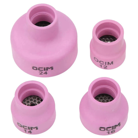 Professional Grade Alumina Welding Cup Set With Ceramic Torch Kit For Industrial Supplies and TIG Enthusiasts, sizes OCIM 12, 14, 16, 24.