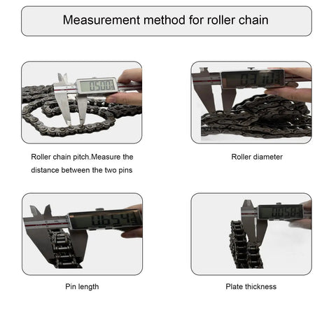 Measurement method for roller chain using calipers to determine pitch, diameter, pin length and plate thickness.