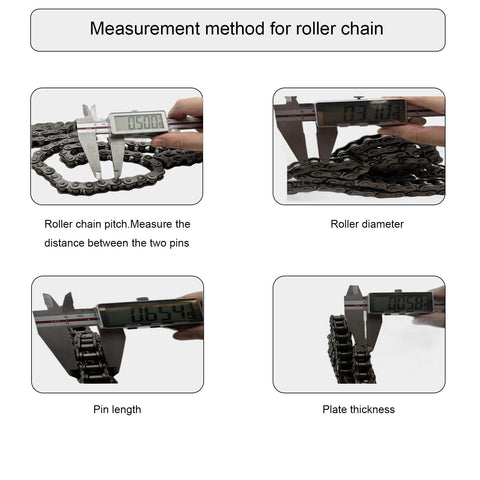 Digital calipers measuring roller chain pitch, roller diameter, pin length, and plate thickness for ANSI 40 chain.