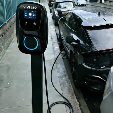 Beefed Up Level 2 EV Charger 48A 240V With 25 Ft Cable Hardwired ETL Listed For Tesla And J1772 EVs on street charging car