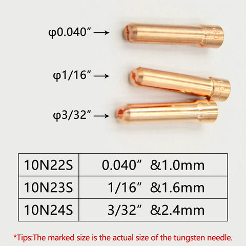 Stubby Collet For WP17 WP18 WP26 TIG Torch 10N24S 3/32 Inch Copper Consumables Pack Of 10 displayed with size details