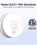 10 Year Lifespan Smoke Alarm With Photoelectric Sensor And Magnetic Mounting Kit Low Battery Warning UL217 Listed Home Fire Safety Sensor For House Easy Install No Battery Swaps For A Decade Keeps Your Home Protected. white round smoke alarm with test silence button and ETL listed logo