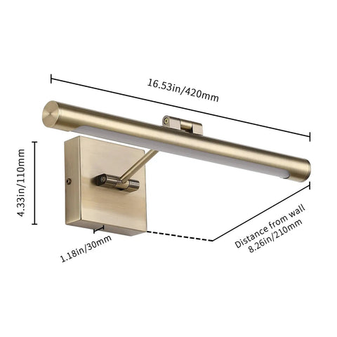 LED Picture Light For Paintings Bronze Finish 16.5 Inch Swing Arm Wall Light 7W with measurements and angles shown