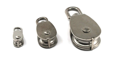 Stainless Steel Wire Rope Pulley Block M32 Swivel Crane Wheel Kit Two Pack for Easy Lifting and Towing 360 Degree Top Ring Prevents Rope Knotting Rust Resistant Durable Heavy Duty Construction, three sizes
