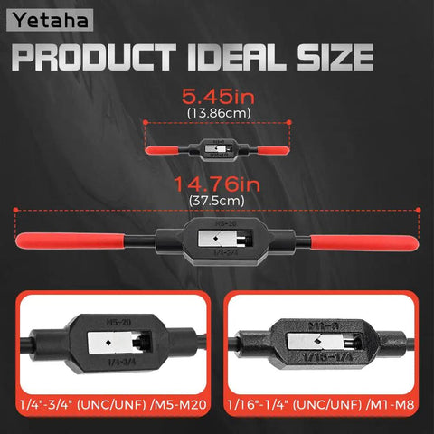 Two-Piece Adjustable Tap Wrench Handles Set With Reamer Ratcheting Action and size details on black background