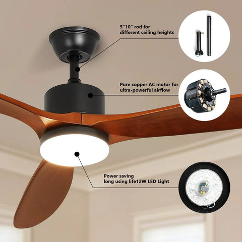 52 Inch Indoor Outdoor Ceiling Fan With Remote And Lights Quiet Noiseless AC Motor 3 Solid Rubber Wood Blades, LED Light