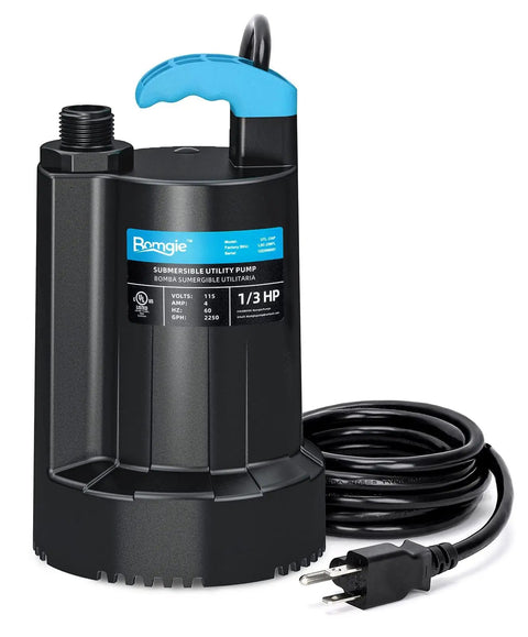 No-Fuss One Third HP Submersible Water Pump For Basement Pool Draining And Pond Care 2250 GPH with cord and plug