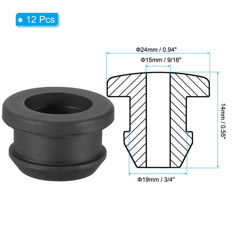 Go To Pro Grade 19mm Drill Hole Rubber Grommets Set Of 12 Top Hat Grommets in black silicone with diagram and measurements