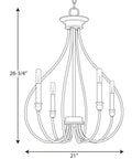 Line drawing of Whisp Collection 4 Light Farmhouse Chandelier In Graphite Black Finish With Candled Scroll Frame, dimensions shown