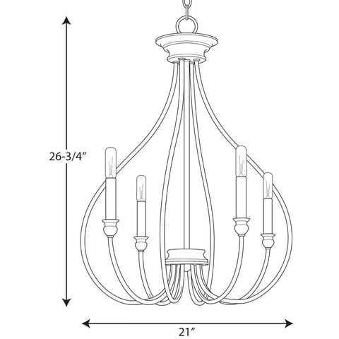 Line drawing of Whisp Collection 4 Light Farmhouse Chandelier In Graphite Black Finish With Candled Scroll Frame, dimensions shown