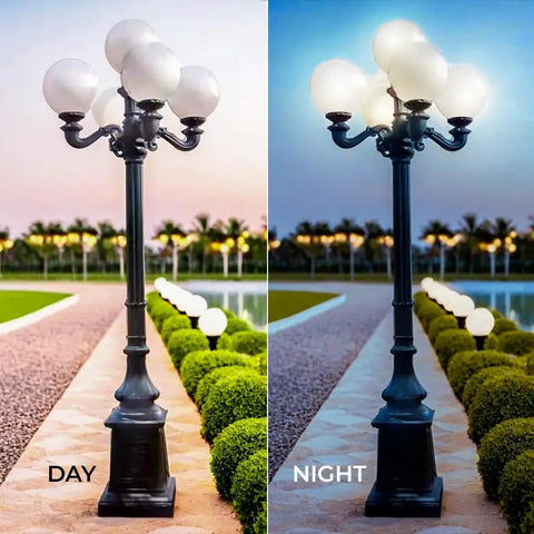 9.5 Ft Five Arm Victorian Outdoor Post Light in Black Finish, 110V Ceramic Socket, day and night view in garden setting.