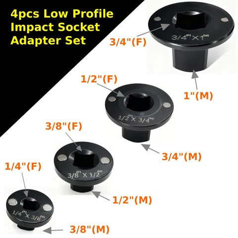 Upgrade Your Garage Game With This Killer 4-Piece Low Profile Impact Socket Adapter Set. Convert From 1 Inch Down To ¼ Inch Drive Sizes Smoothly Like A Pro. Magnetic Grip Keeps Sockets Secure While You Tackle Hardcore DIY Or Heavy Duty Mechanic Jobs Any. 4-piece low profile impact socket adapter set, chrome steel, magnetic drive reducers shown