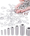 580 Piece Stainless Steel Flat Washer And O Ring Set In M2 Through M12 Sizes, 304 Stainless Rust Resistant, Plain Gasket Shim Assortment Kit For Electrical, Automotive, Marine, And DIY Projects, assorted washers in hand
