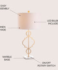Gold Modern Quatrefoil LED Table Lamp With Marble Base And Linen Drum Shade features easy assembly and LED bulb
