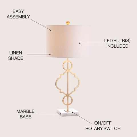 Gold Modern Quatrefoil LED Table Lamp With Marble Base And Linen Drum Shade features easy assembly and LED bulb