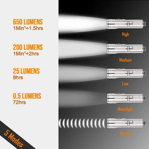 A4 Pro Titanium Keychain Flashlight showing five light modes with 650 lumens high output and USB C recharge capability.