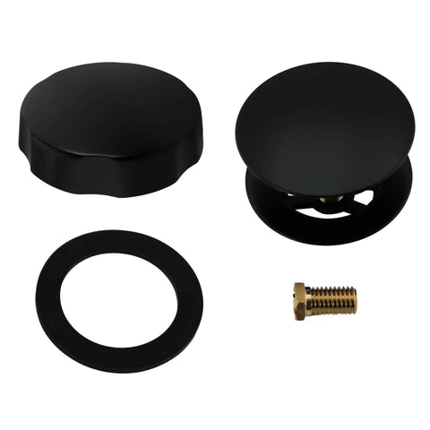 Heavy Duty Matte Black Bath Drain Plug With A Slick 35 Inch Cable Drive Pop Up Mechanism And Solid Brass Handle components including stoppers and washers.