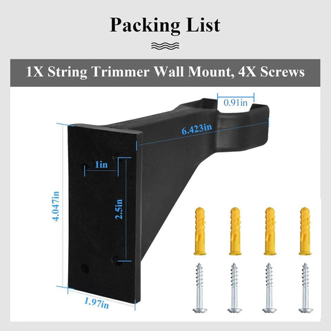 Heavy Duty Wall Mount For Garden Tools And Trimmer Storage, Holds Up To 250 Lb, shown with dimensions and mounting screws.