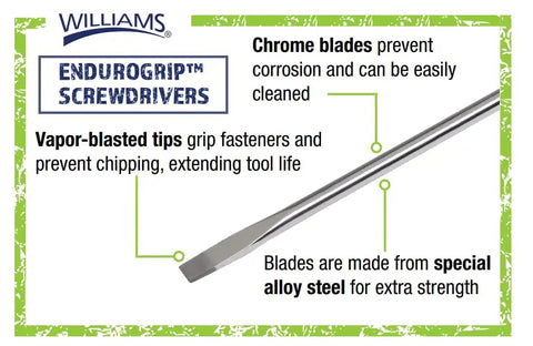 Endurogrip 8 Piece Screwdriver Set With Multi Size Slotted And Phillips Bits, Electrician Grade Comfort Grip Handles That Never Slip Under Tough Work, Heavy Duty Chrome Blades For Hard Use And Easy Cleanup, showing close-up of chrome blade.