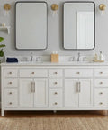Modern 84 Inch Double Sink Bathroom Vanity In Crisp White Featuring Durable Quartz Top And Ample Storage Drawers Slick Solid Wood Build with mirrors