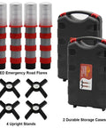 Must Have Emergency Roadside LED Flares Kit With Magnetic Base And Detachable Stand, shows 4 LED flares, 4 stands, 2 storage cases