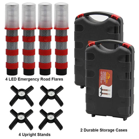 Must Have Emergency Roadside LED Flares Kit With Magnetic Base And Detachable Stand, shows 4 LED flares, 4 stands, 2 storage cases