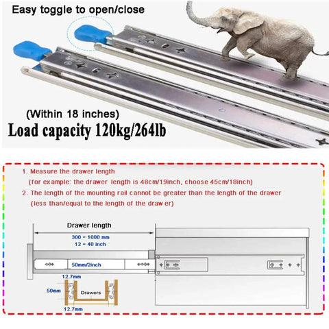 Heavy Duty Ball Bearing Drawer Slides Pair Full Extension Side Mount Cabinet Rails with elephant illustration for load capacity