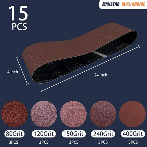 15 Pack Assorted Aluminum Oxide Sanding Belts 4 X 24 Inch Open Coat Antistatic Washable Resin Infused For Wood Metal Plastic Glass Stone 80 120 150 240 400 Grits Pro Grade Finish Set displayed with dimensions and grit samples.
